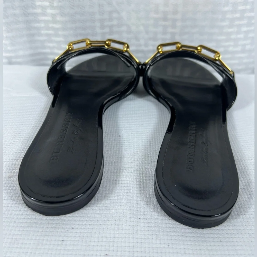 Burberry Coleford Black Patent Leather Chain Sandals EU 37